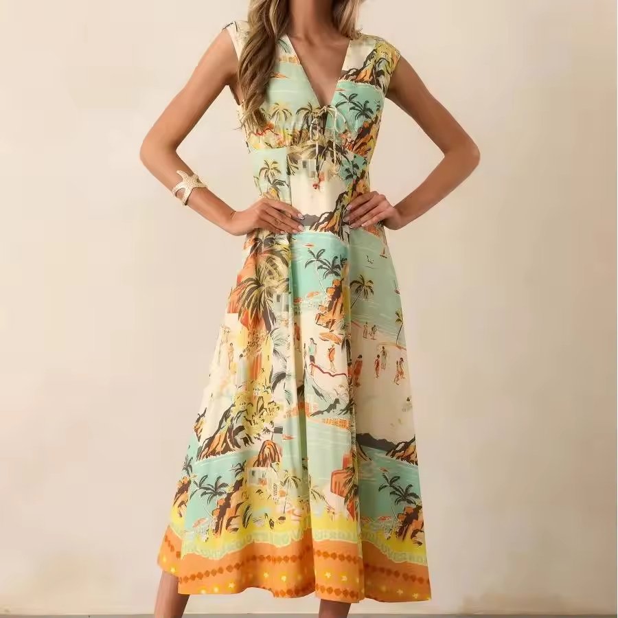 Women Hawaiian Island Print Clothing Maxi Dress with Belt Zipper - Image 3