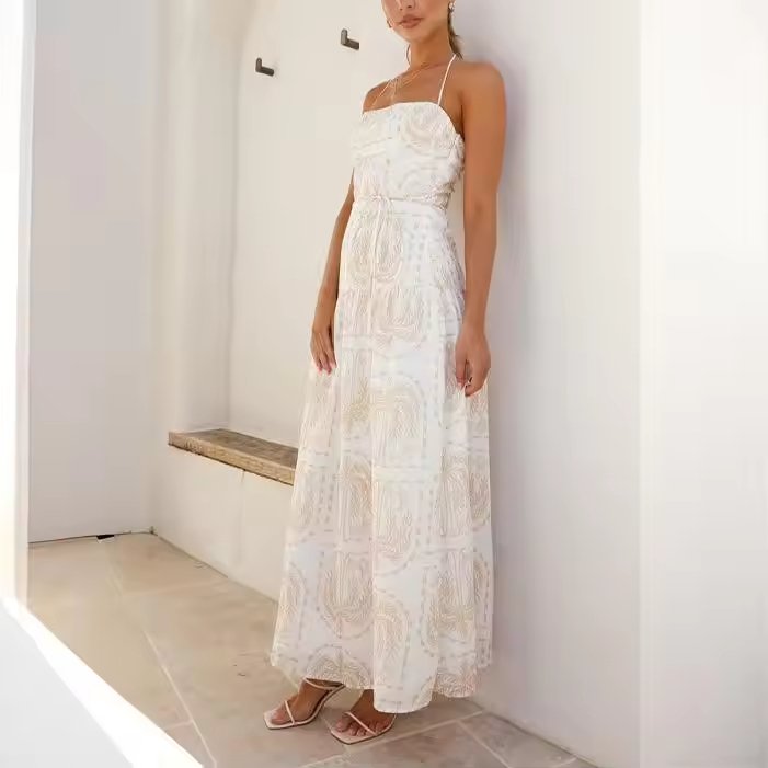 Women's Brown Hawaii Print Halter Dress with Belt - Image 3