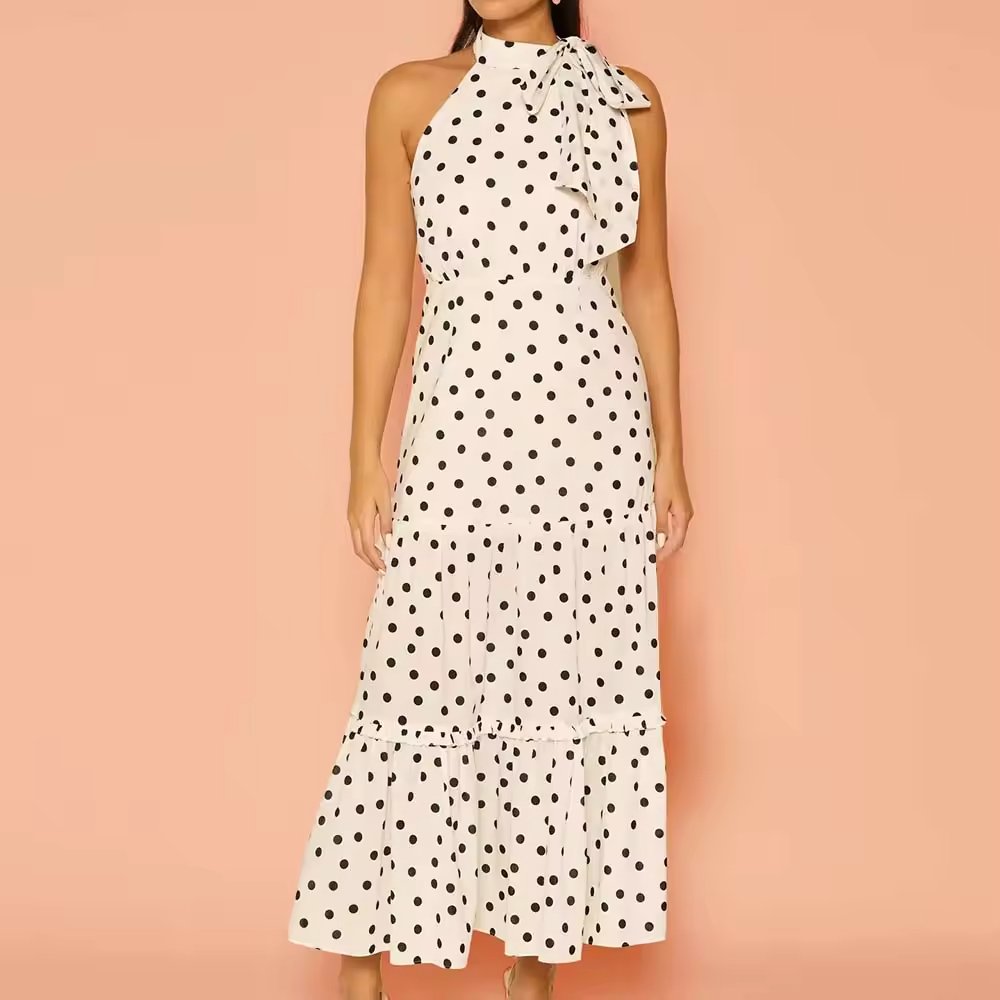 Casual Polka Dot Print Bow Neck Sleeveless Ruffle Midi Dress - Image 3