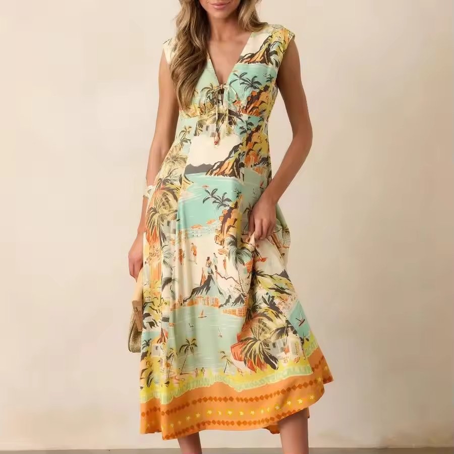 Women Hawaiian Island Print Clothing Maxi Dress with Belt Zipper - Image 2