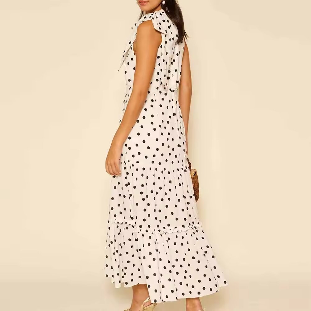 Casual Polka Dot Print Bow Neck Sleeveless Ruffle Midi Dress - Image 2