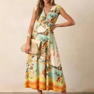 Women Hawaiian Island Print Clothing Maxi Dress with Belt Zipper