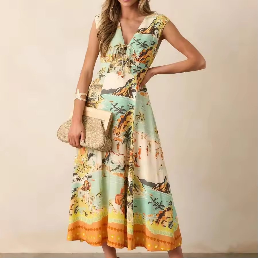 Women Hawaiian Island Print Clothing Maxi Dress with Belt Zipper