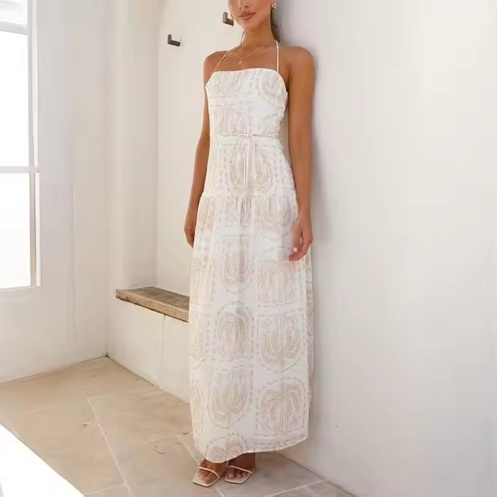 Women's Brown Hawaii Print Halter Dress with Belt